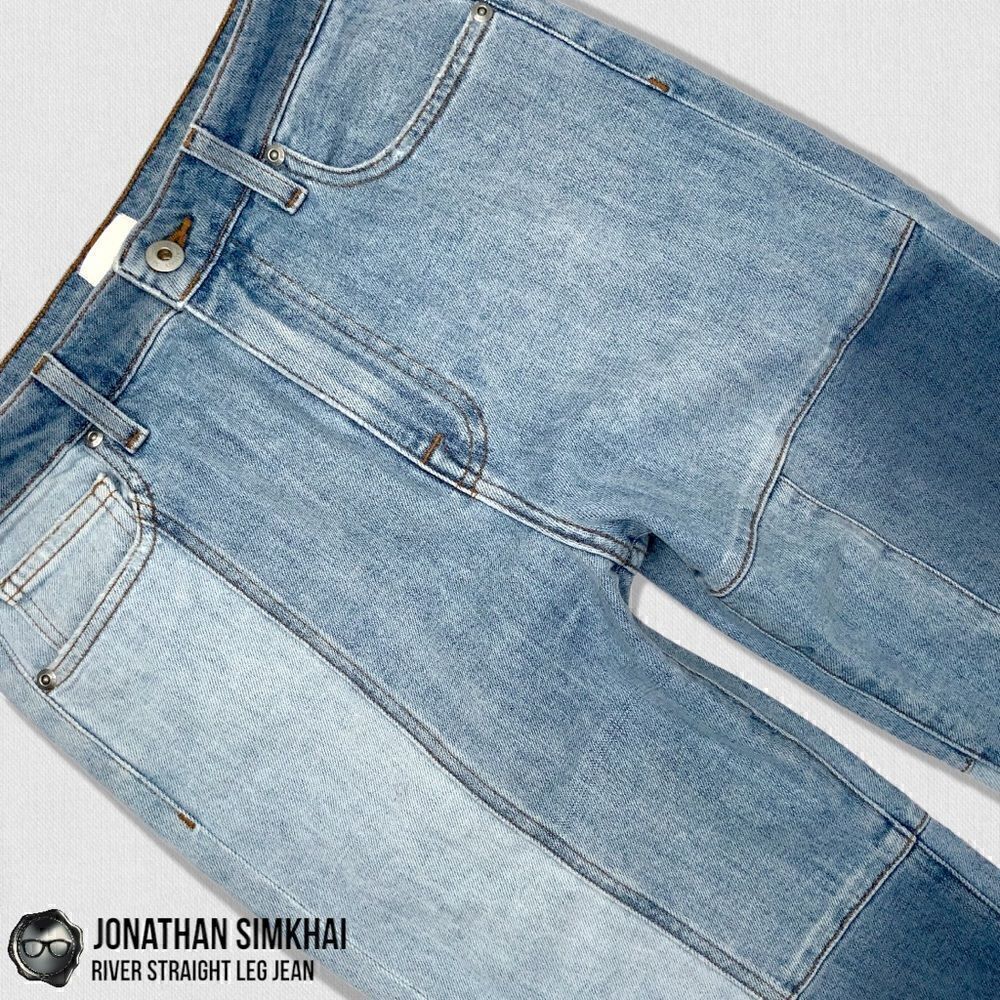 JONATHAN SIMKHAI RIVER STRAIGHT LEG DISTRESSED PATCHWORK JEANS IN INDIGO BLUE 27 - Picture 3 of 16